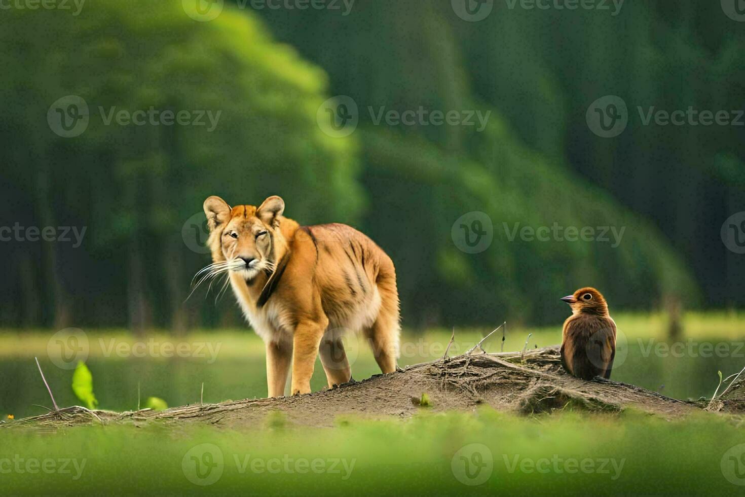 un león y un pájaro en pie en un colina. generado por ai foto