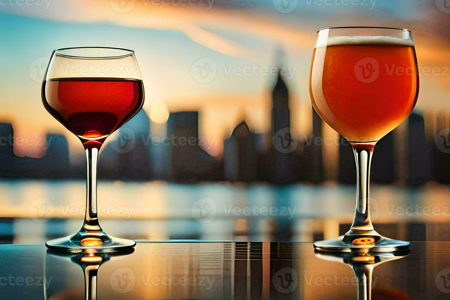 two glasses of wine with city skyline in the background. AI-Generated photo