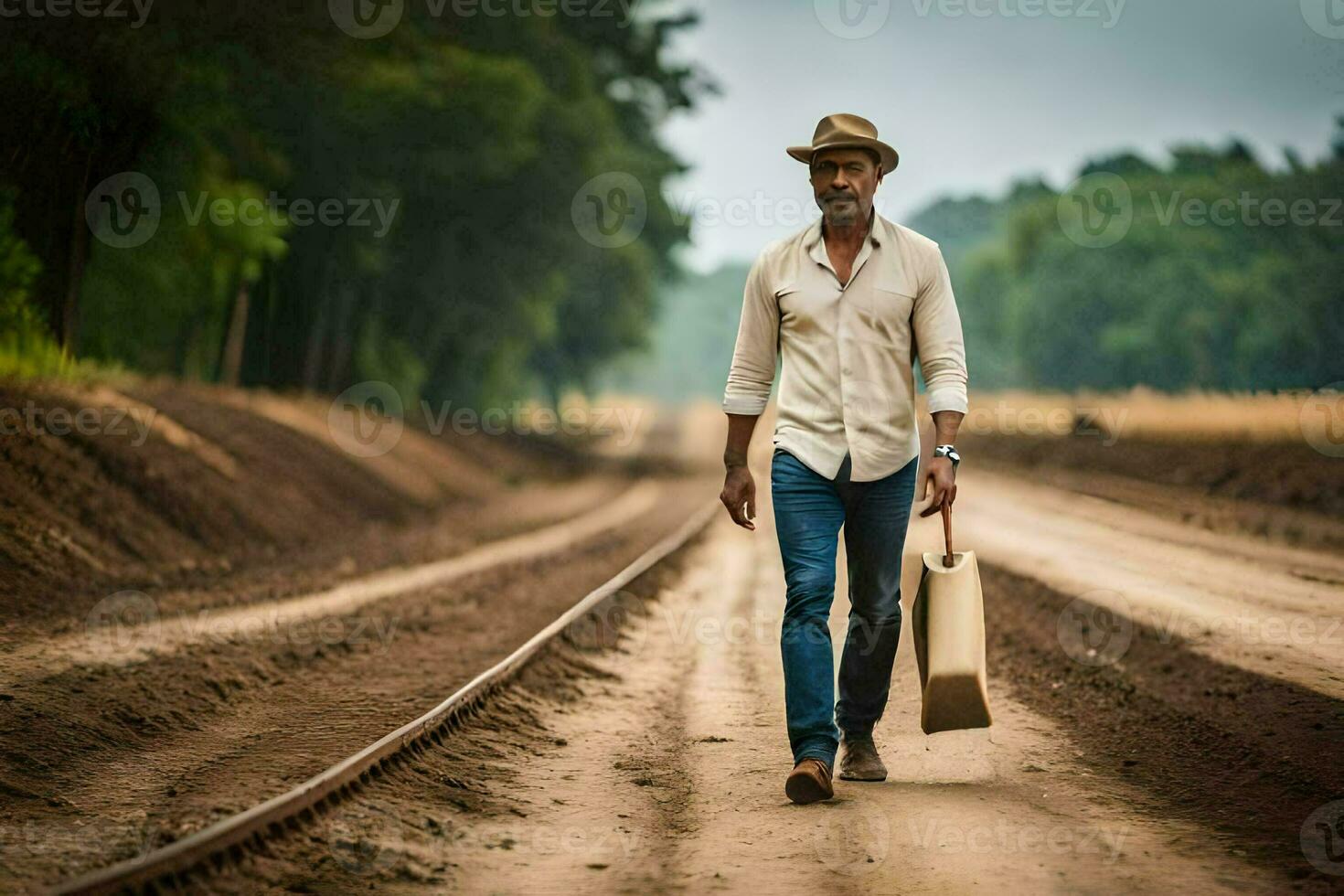 a man in a hat and white shirt walking down a dirt road. AI-Generated photo