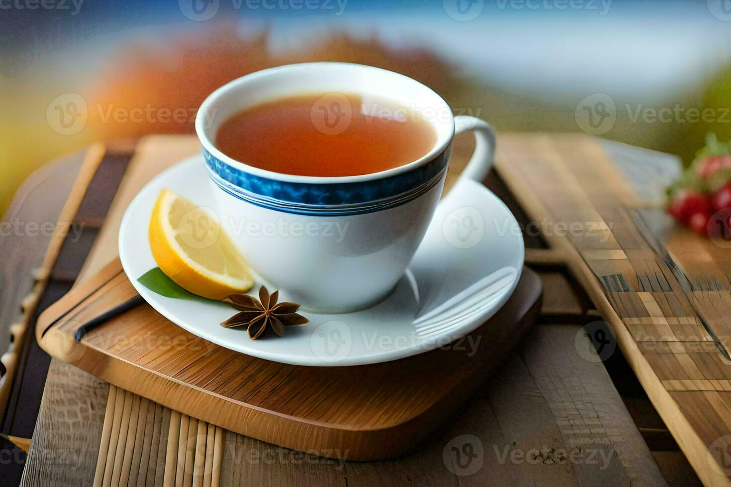 a cup of tea on a wooden table. AI-Generated photo