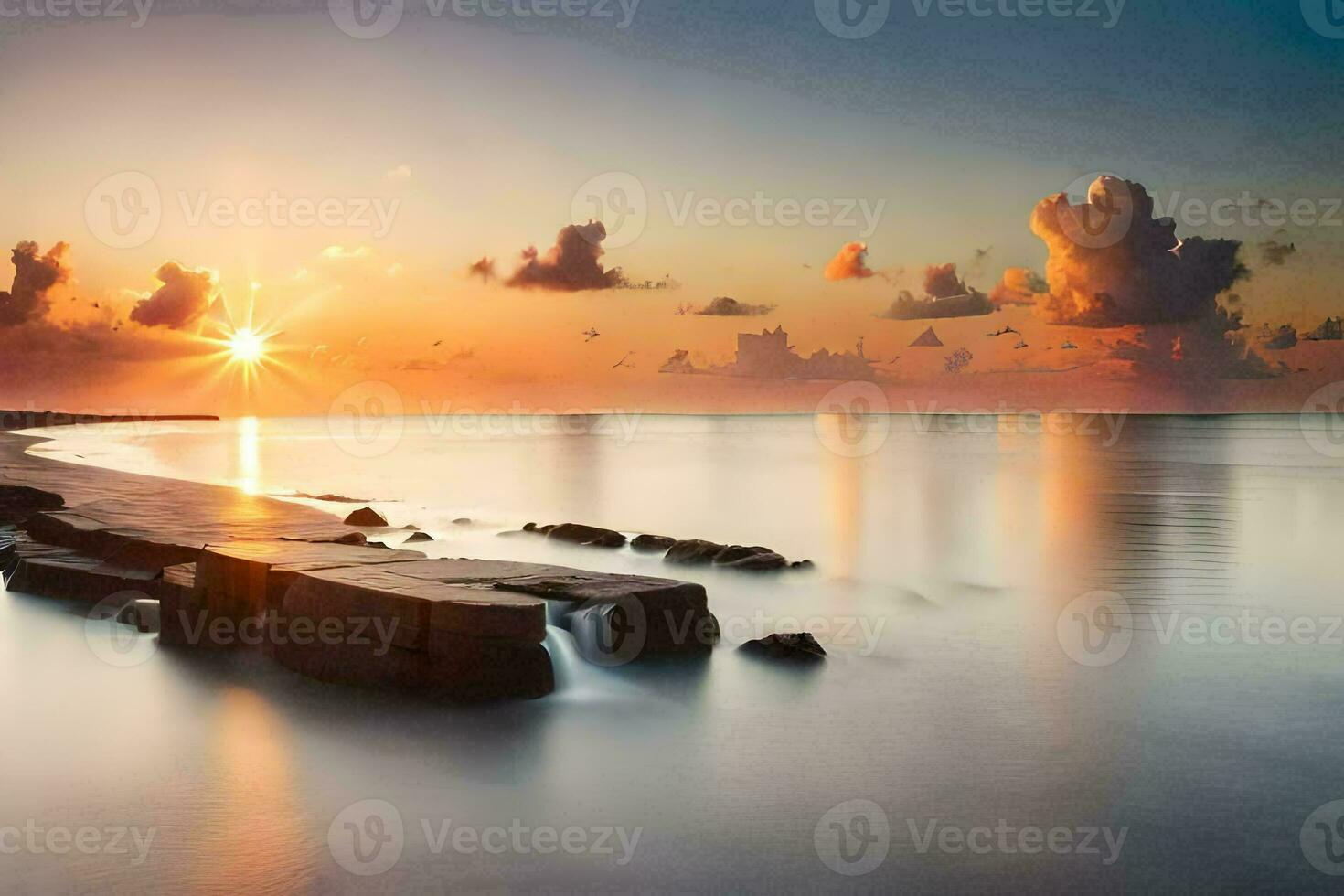 a sunset over the ocean with rocks and water. AI-Generated photo