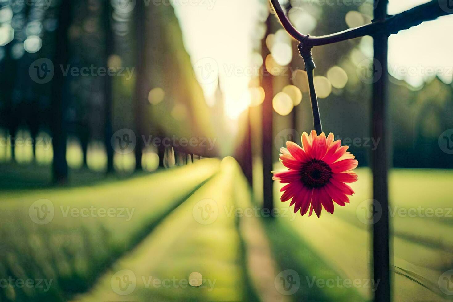 un rojo flor es colgando desde un cable en un campo. generado por ai foto