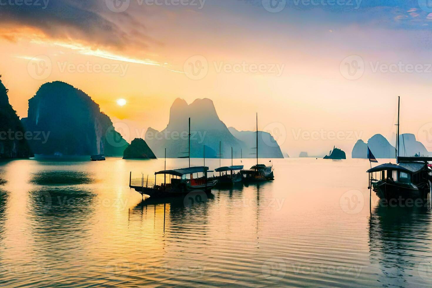 barcos en el agua a puesta de sol con montañas en el antecedentes. generado por ai foto