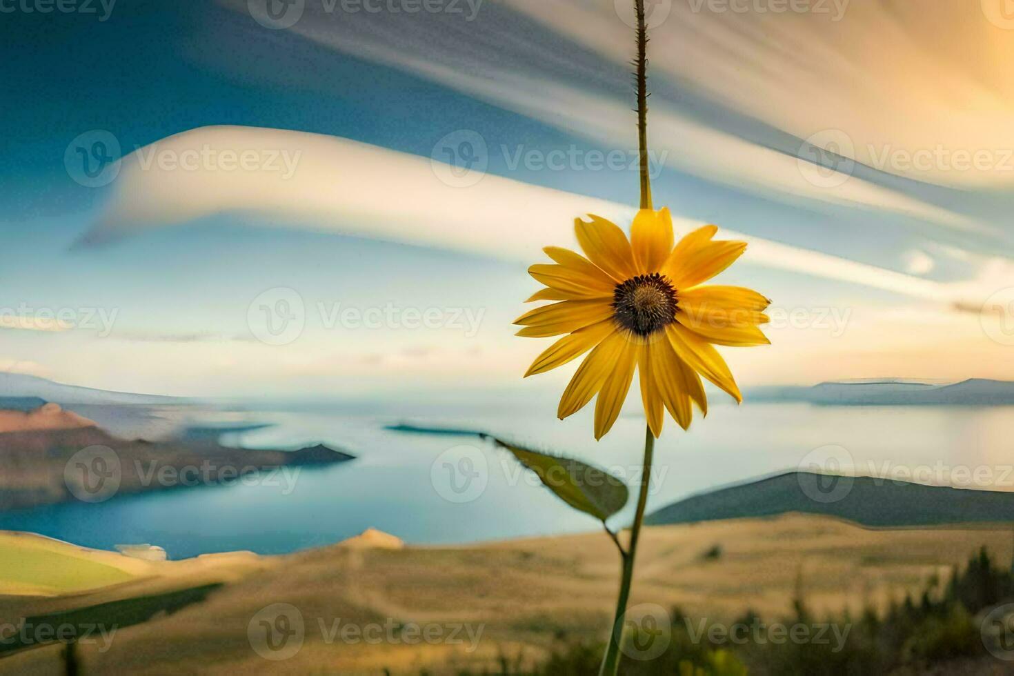 a single yellow sunflower stands on a mountain overlooking a lake. AI-Generated photo