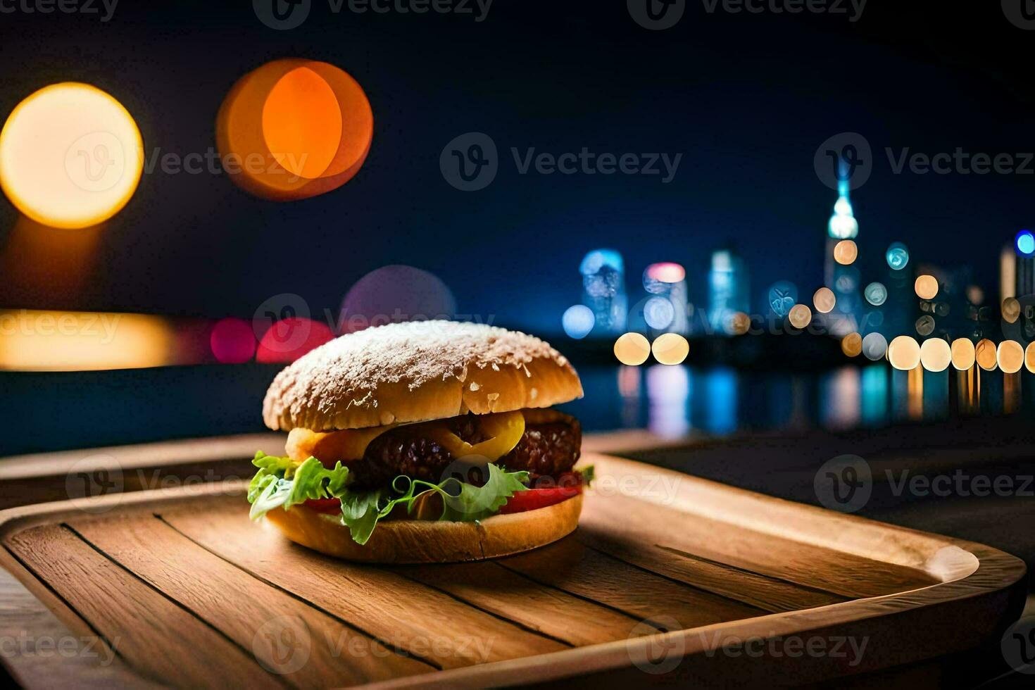 a hamburger on a wooden tray with a city skyline in the background. AI-Generated photo