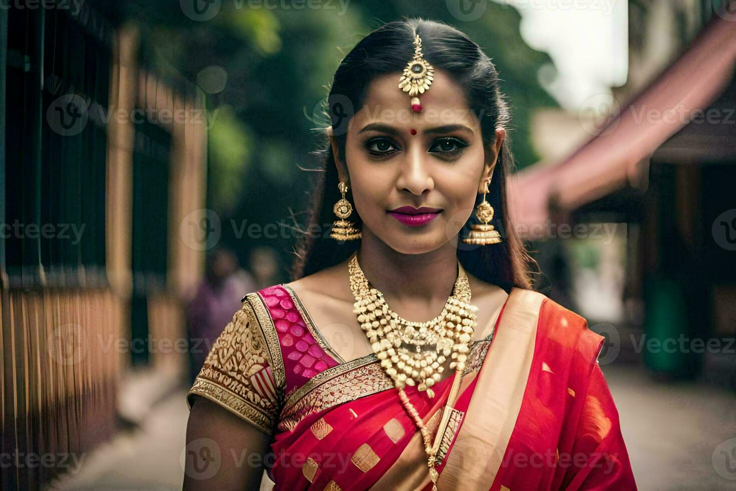 a beautiful indian woman wearing a red sari and gold jewelry. AI-Generated photo