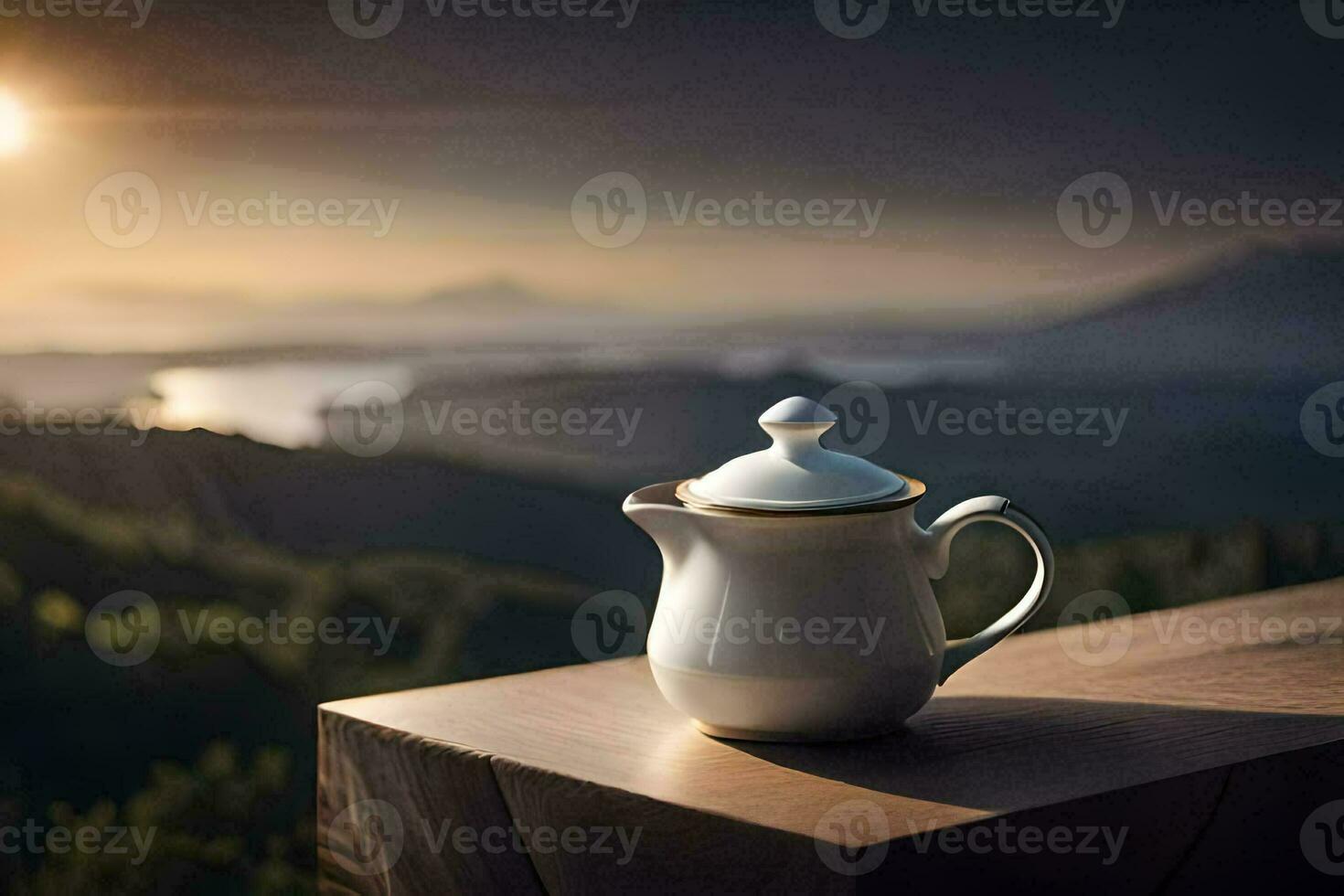 a teapot on a table overlooking a mountain. AI-Generated photo