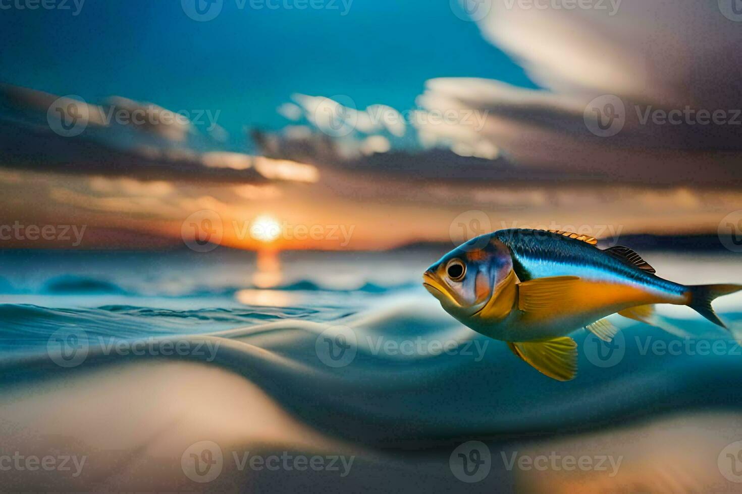 a fish swimming in the ocean at sunset. AI-Generated photo