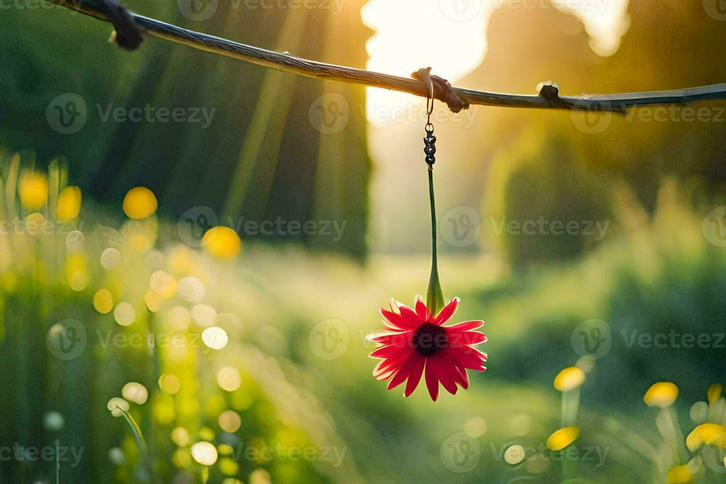 a red flower hanging from a wire in a field. AI-Generated photo