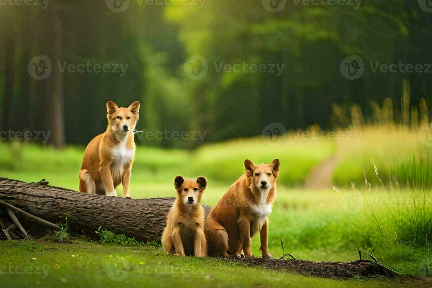 Tres perros sentado en un Iniciar sesión en el césped. generado por ai foto