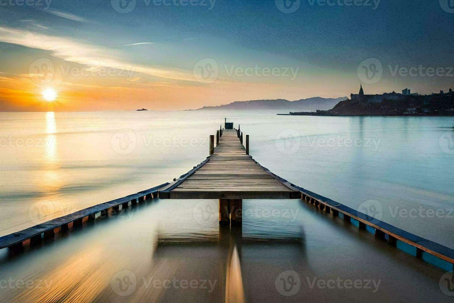 a long exposure photo of a pier stretching into the ocean. AI-Generated