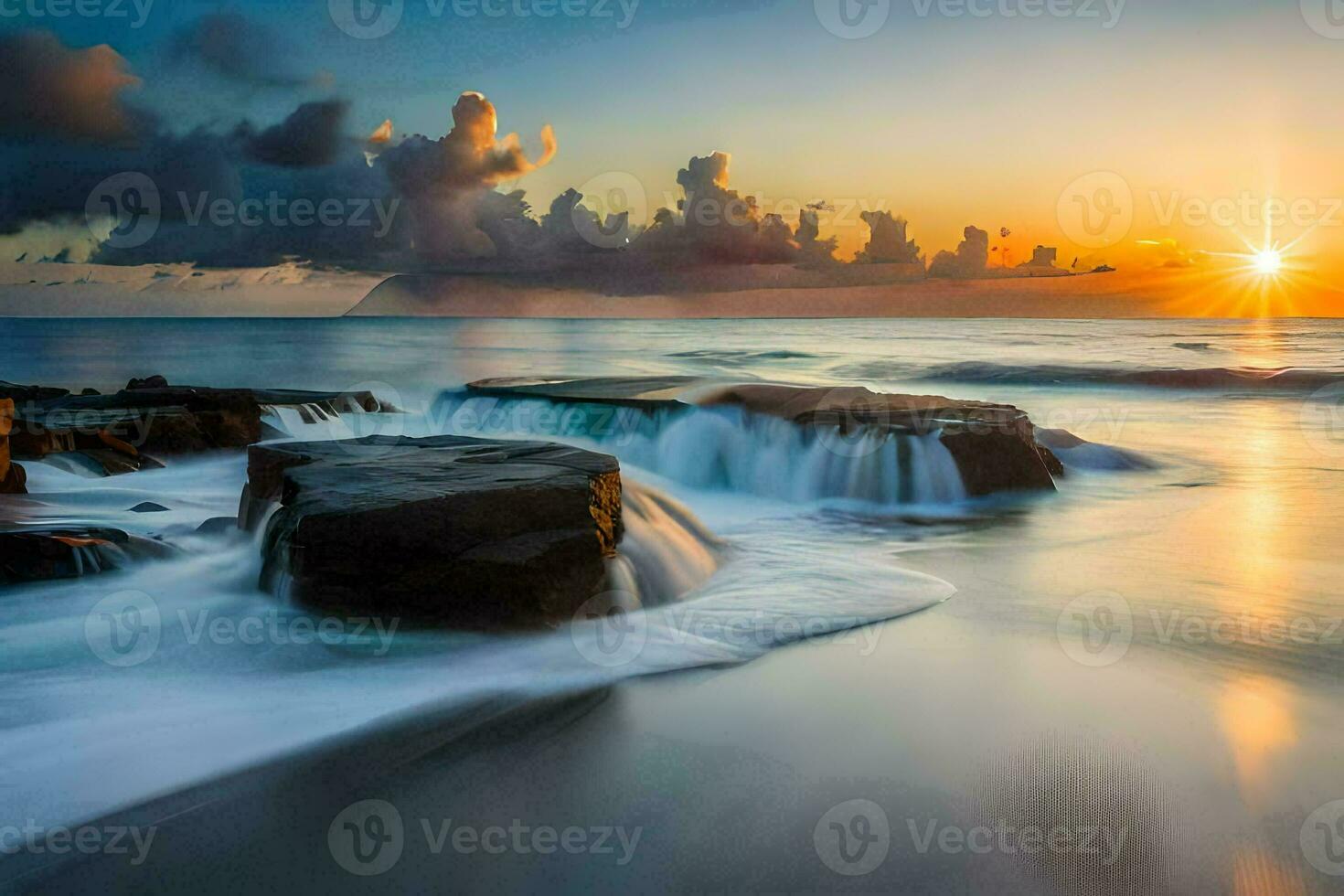 a beautiful sunset over the ocean with waves crashing on rocks. AI-Generated photo