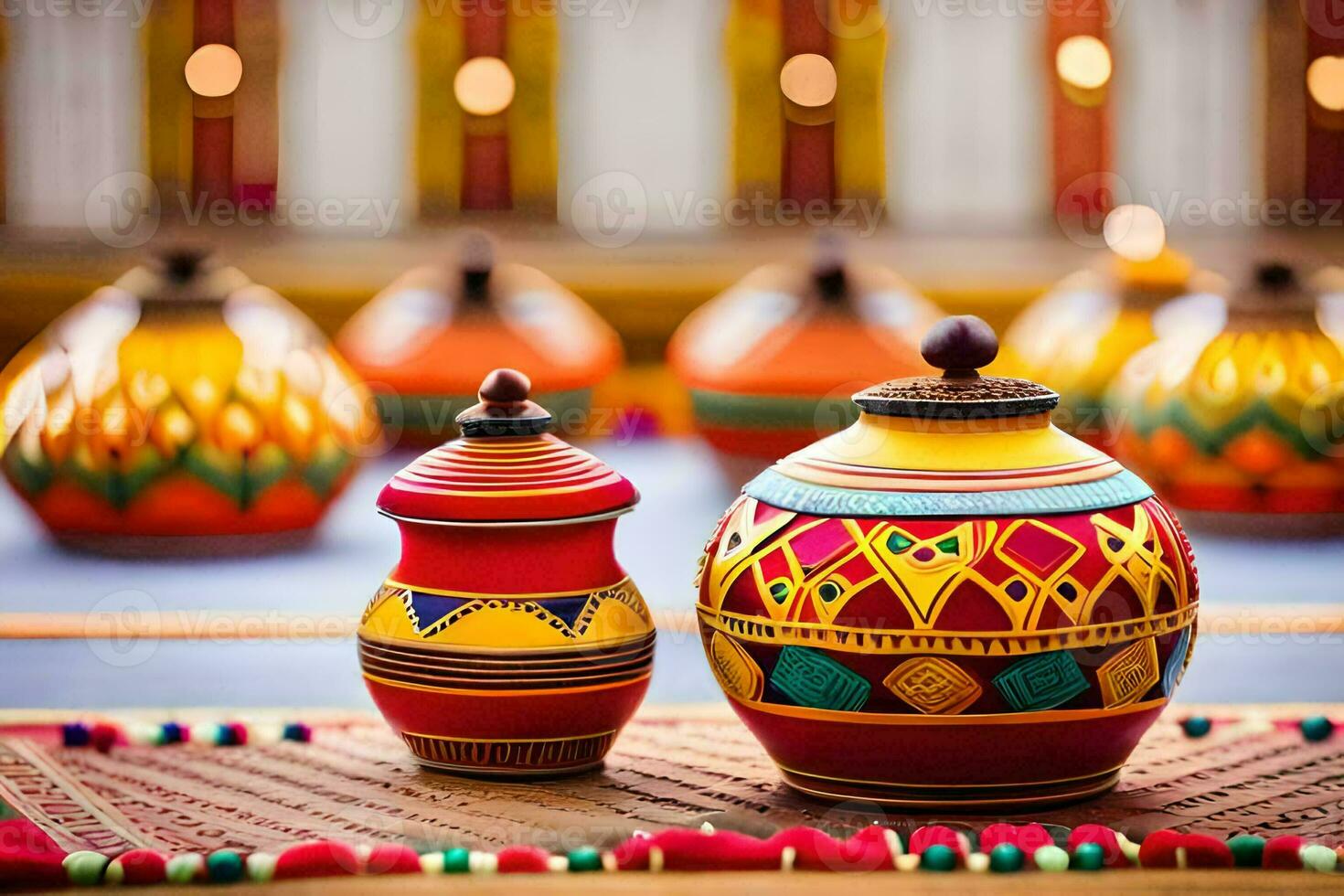 colorful pottery on a table with a string of lights. AI-Generated photo