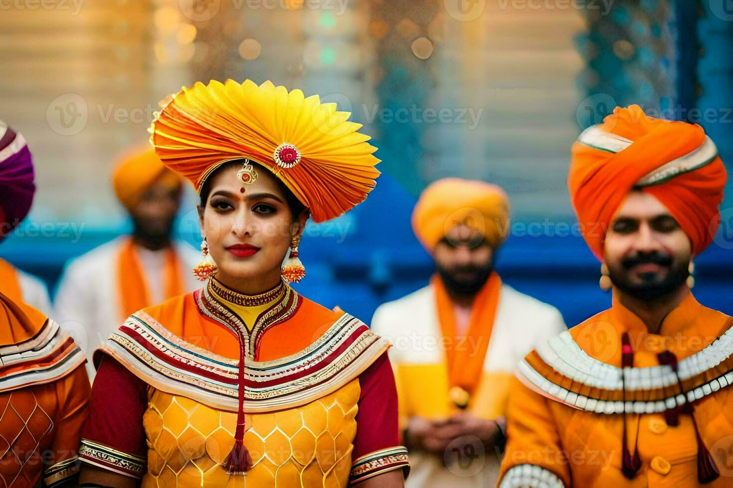 a group of people wearing colorful turbans. AI-Generated photo