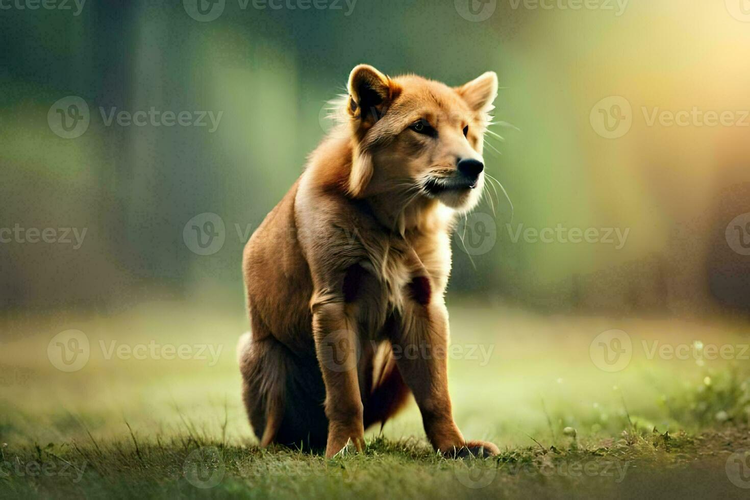a dog sitting on the grass in the woods. AI-Generated photo