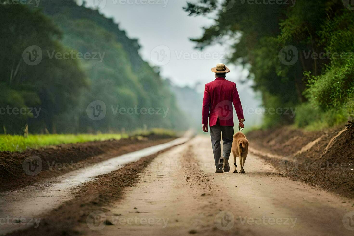 un hombre en un rojo chaqueta y sombrero caminando su perro abajo un suciedad la carretera. generado por ai foto