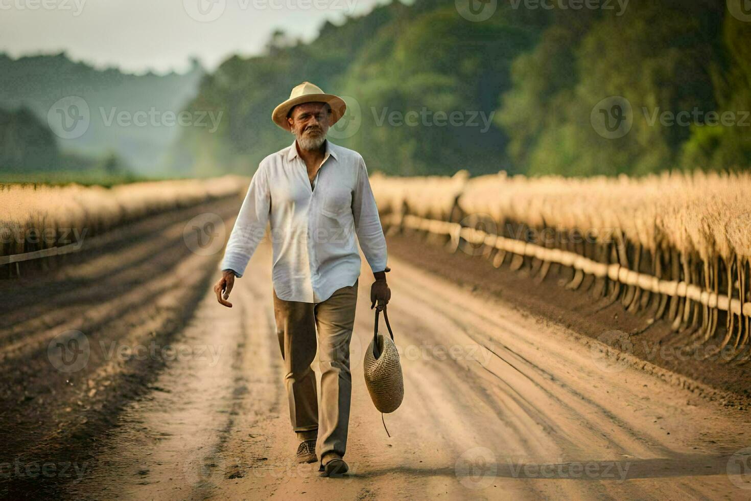 an old man walking down a dirt road with a hat and cane. AI-Generated photo