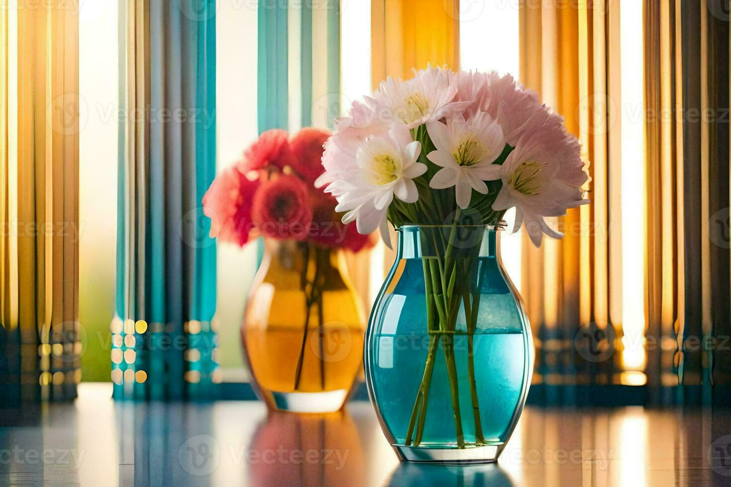 two vases with flowers in them on a table. AI-Generated photo