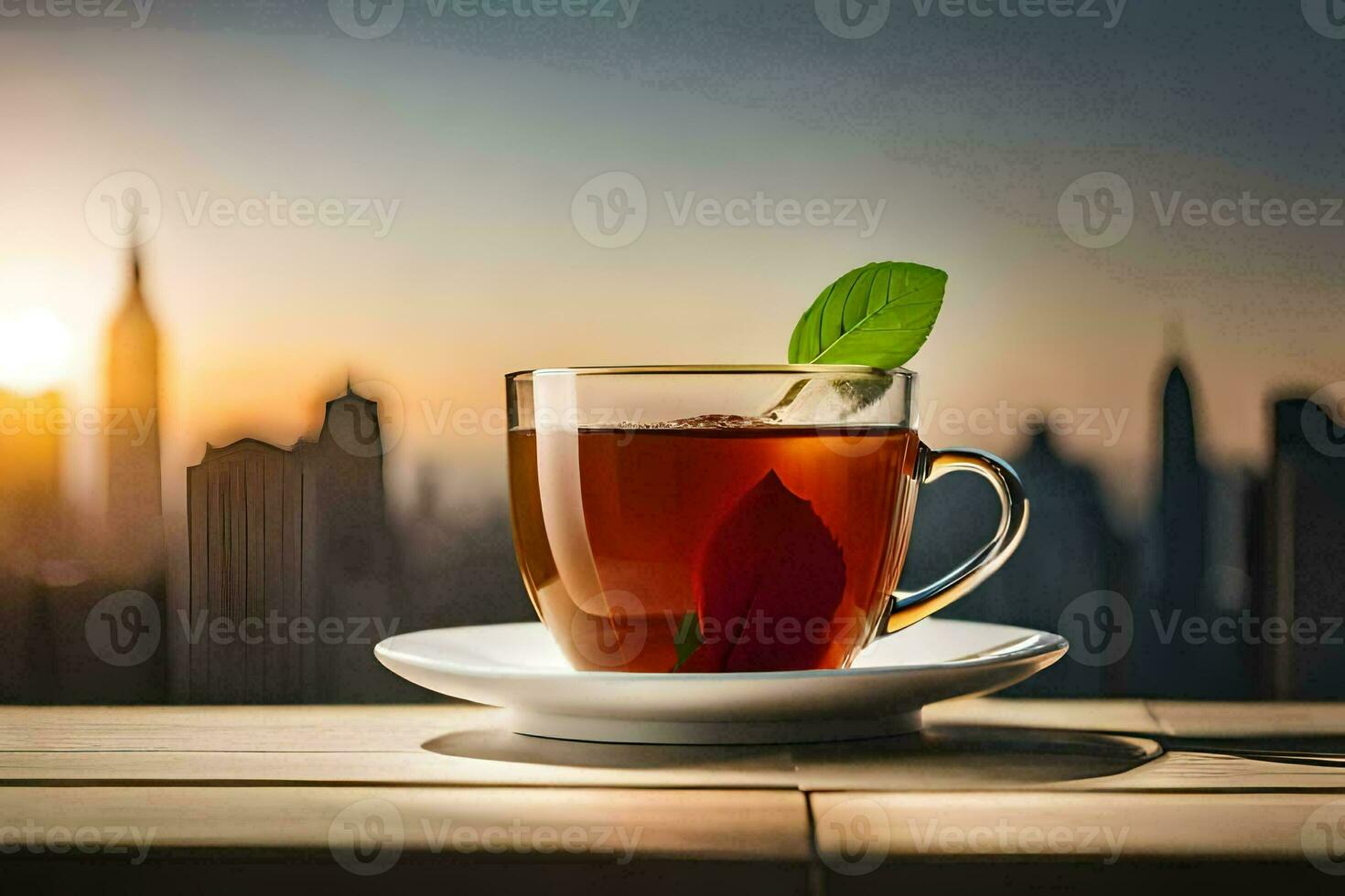 a cup of tea with a view of the city. AI-Generated photo