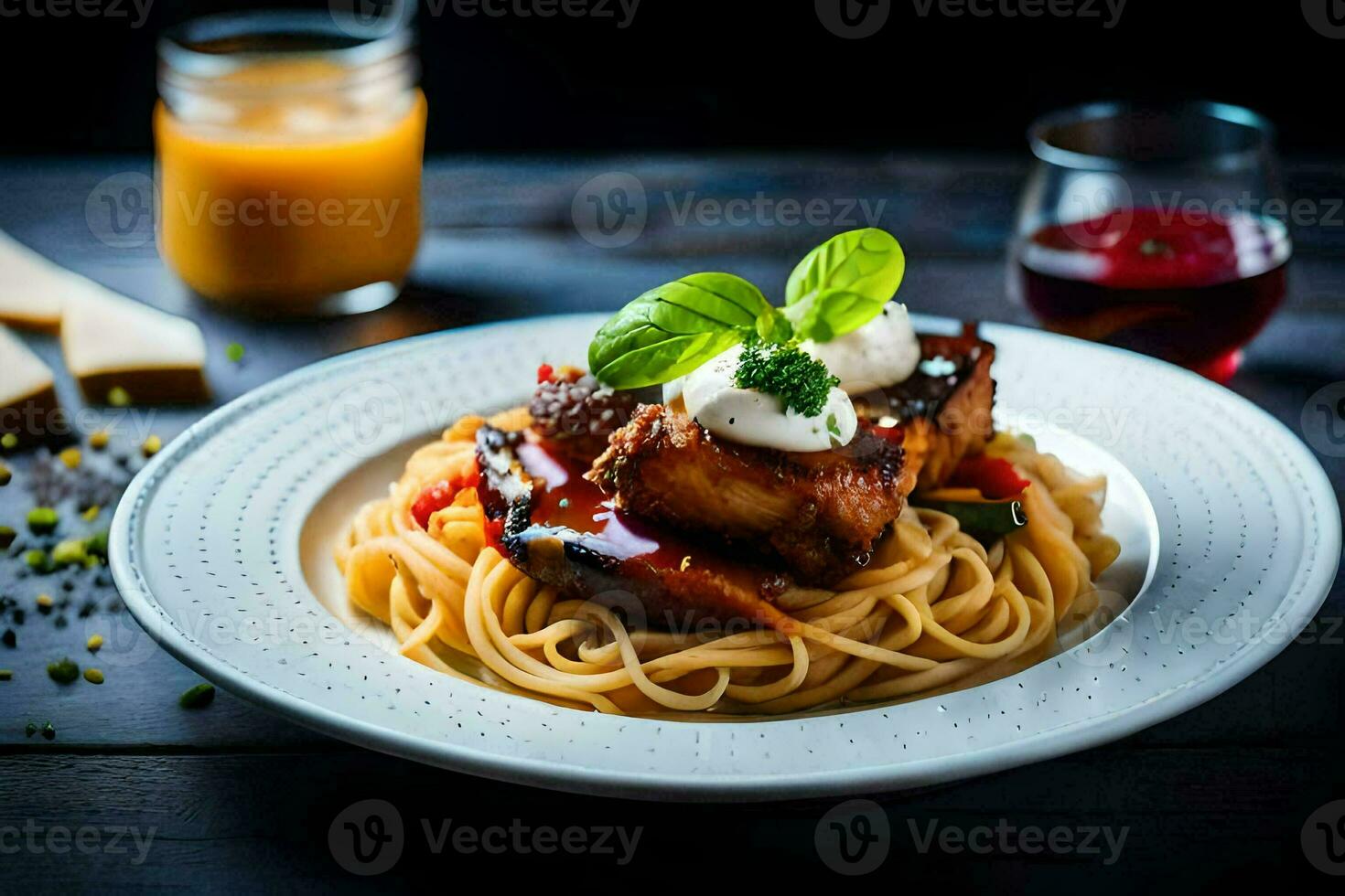 spaghetti with meat and sauce on a white plate. AI-Generated photo