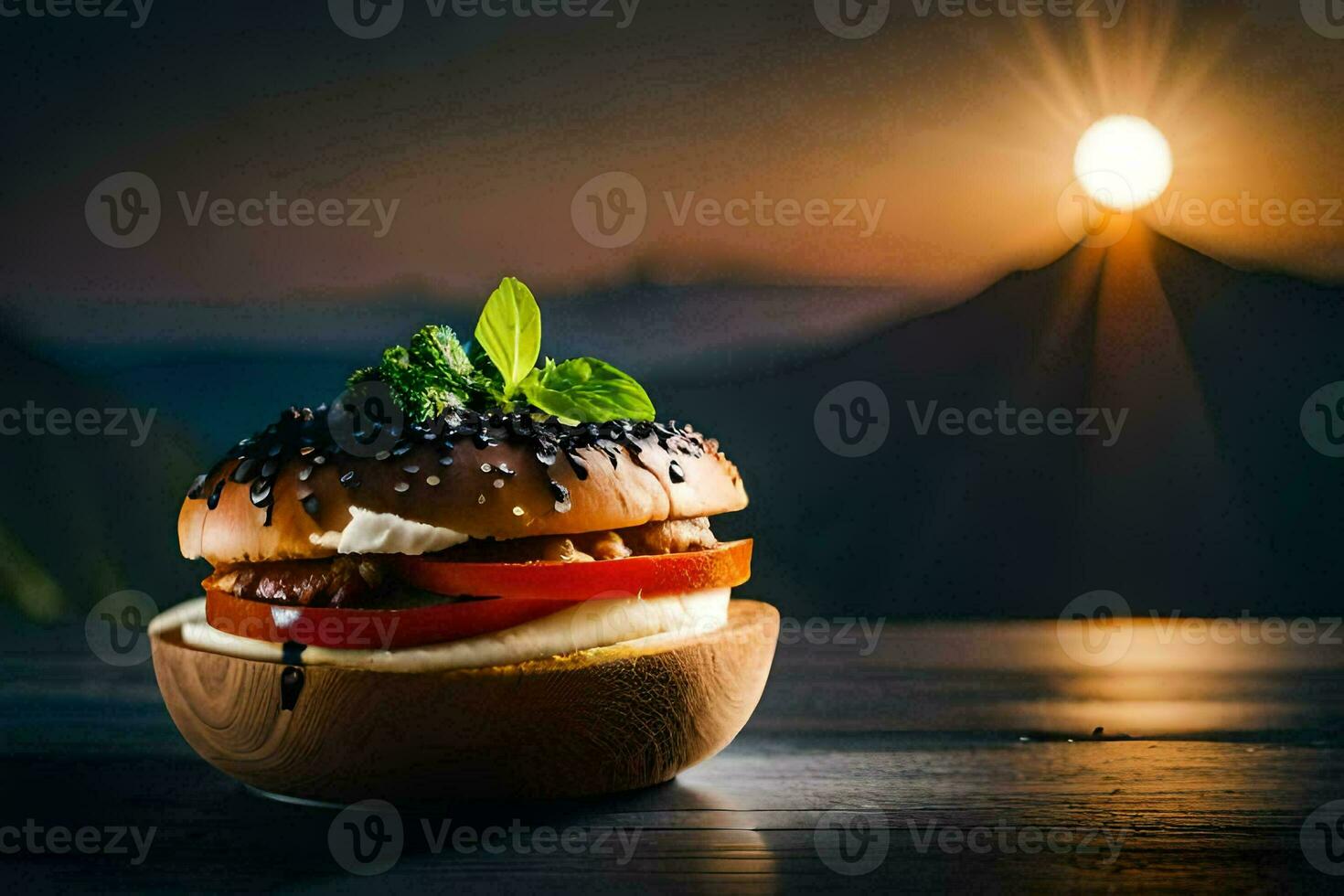 a hamburger with cheese and tomatoes on a wooden table. AI-Generated photo