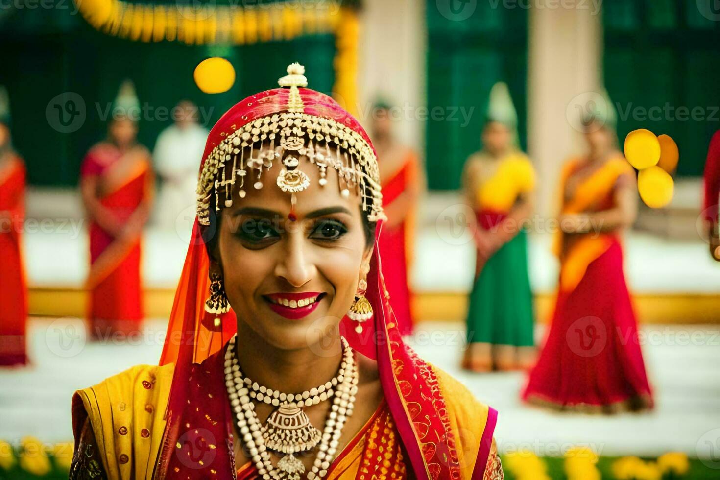 a woman in traditional indian attire is smiling. AI-Generated photo
