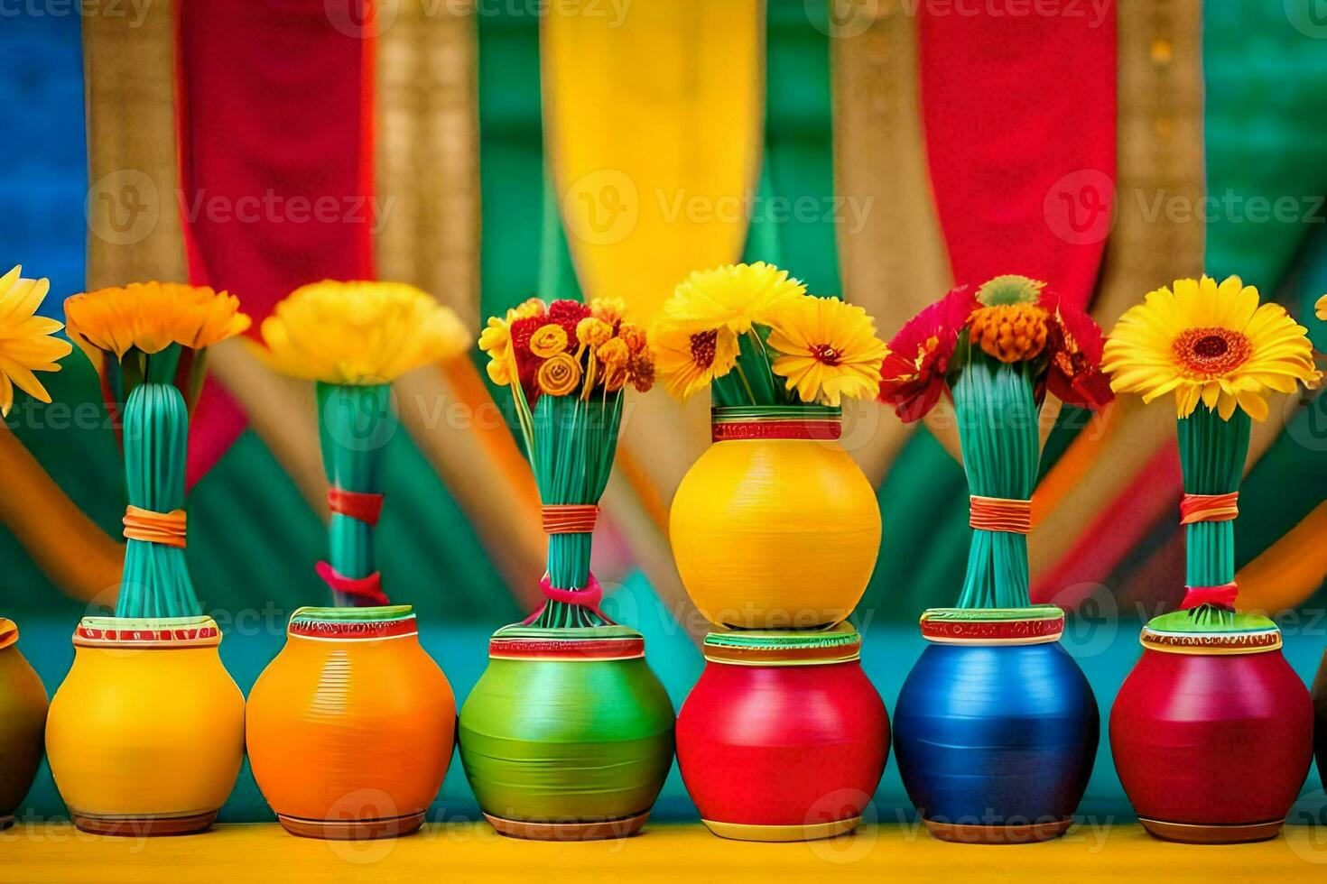 colorful vases with colorful flowers on a table. AI-Generated photo
