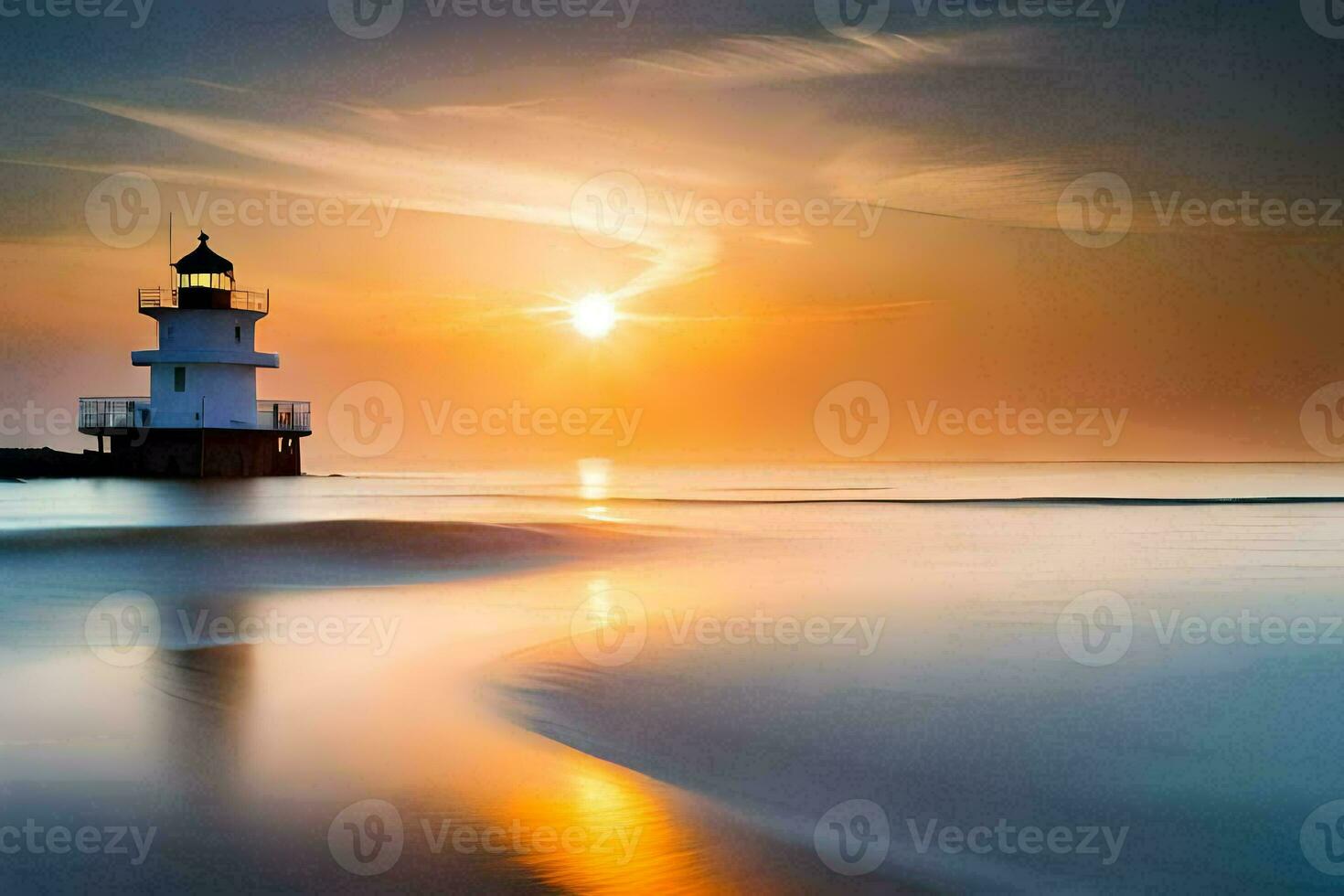 a lighthouse stands on the beach at sunset. AI-Generated photo