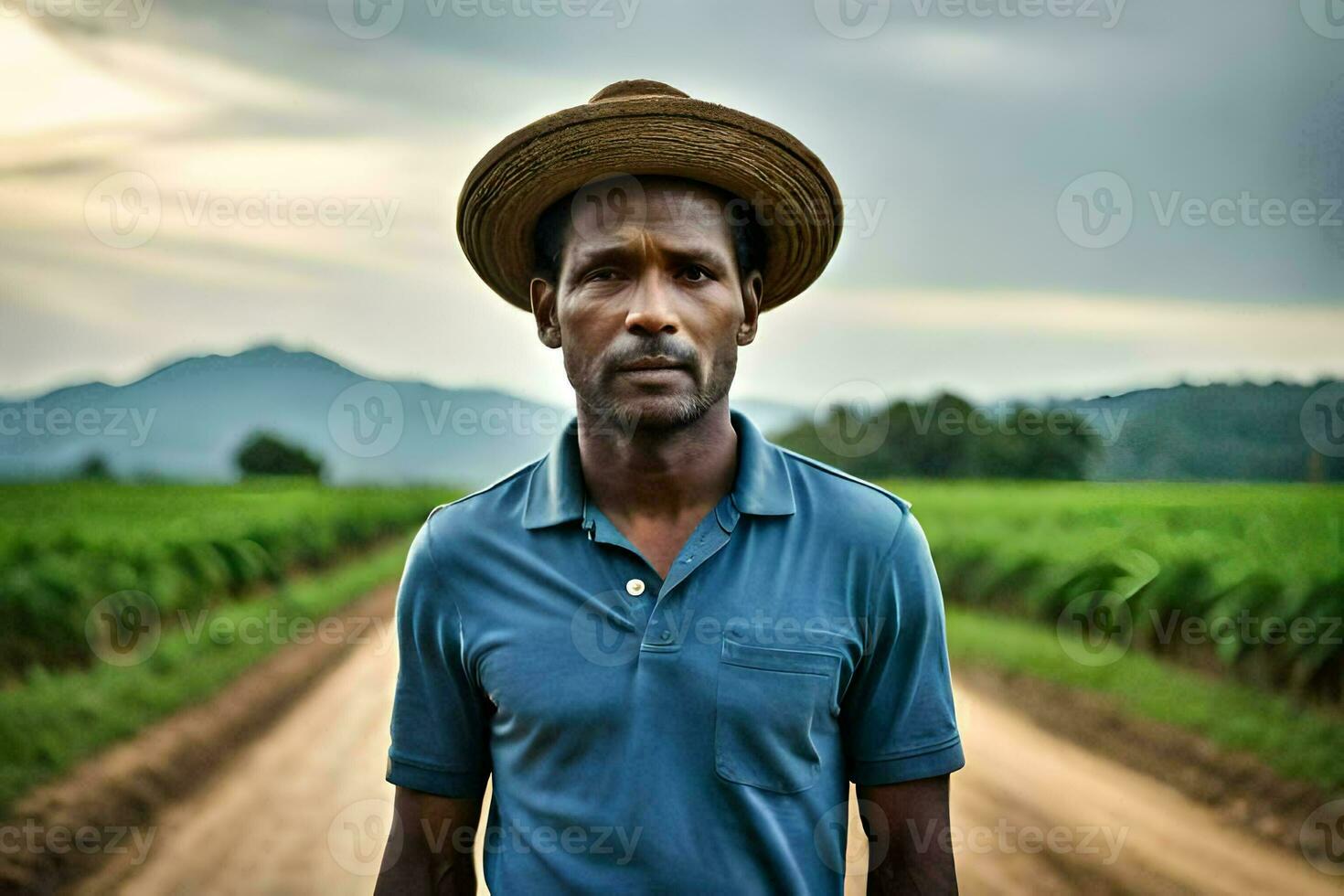 a man wearing a hat stands in a field. AI-Generated photo