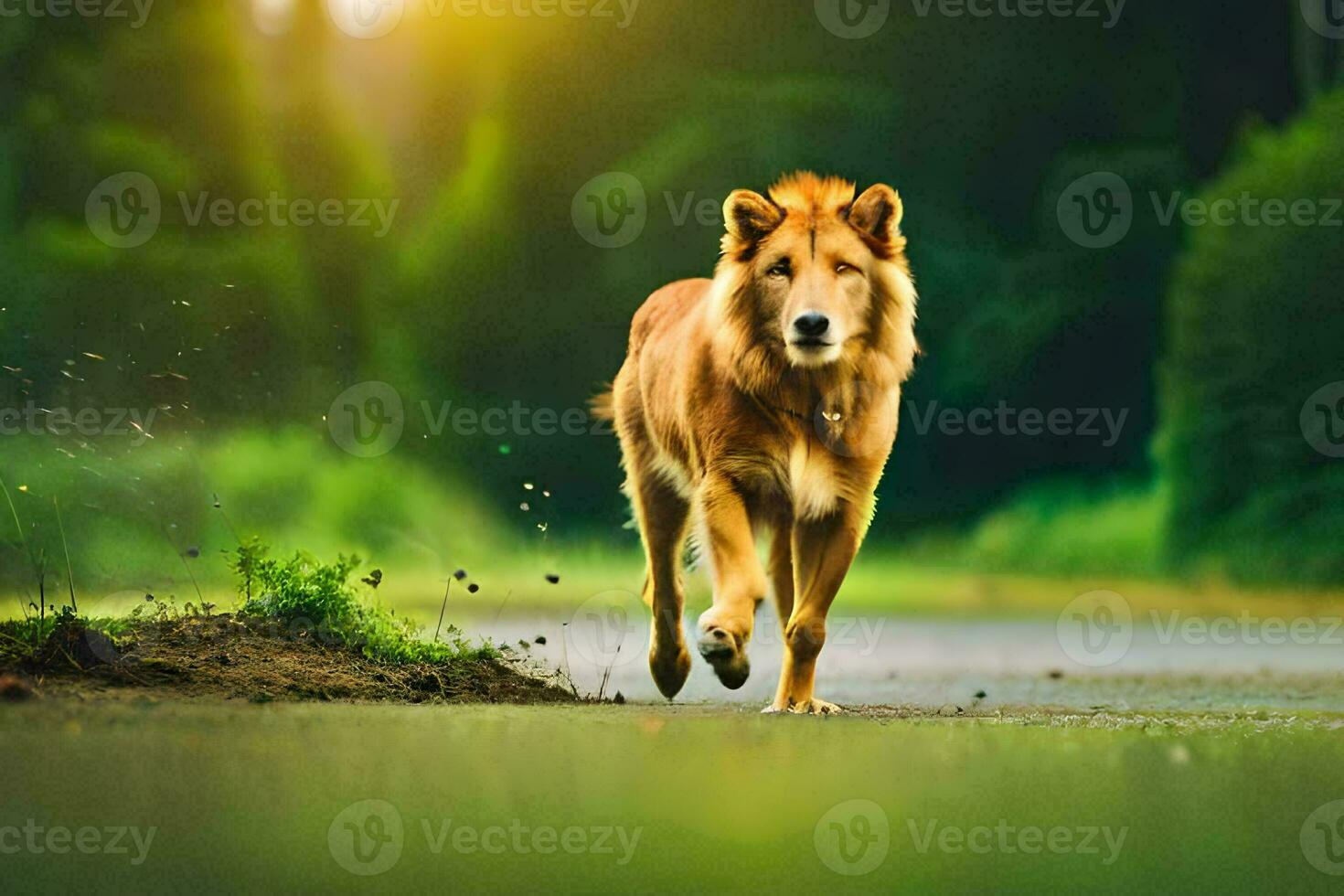 a dog walking on a road in the middle of a forest. AI-Generated photo