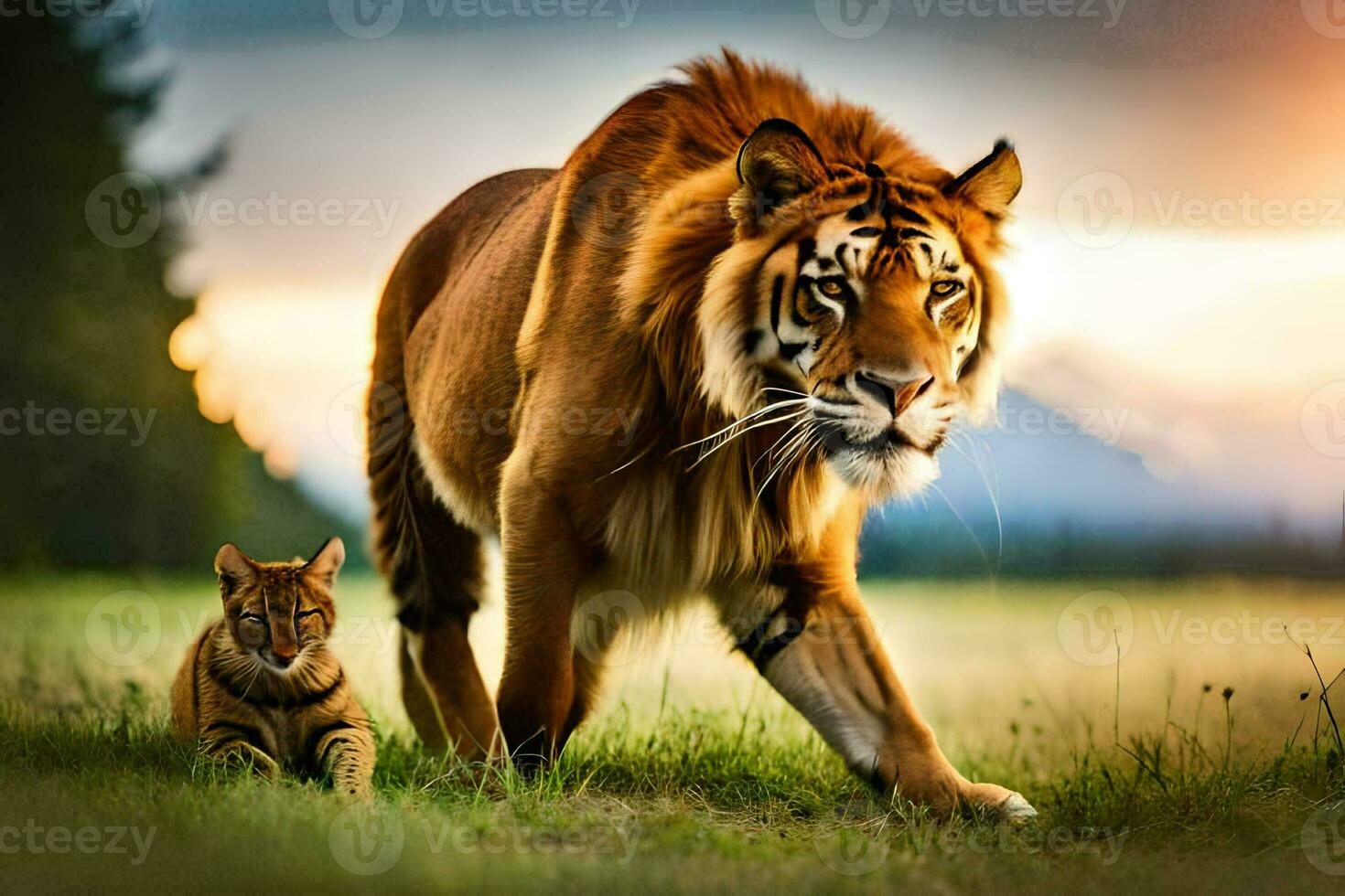 a tiger and a kitten walk together in the grass. AI-Generated photo