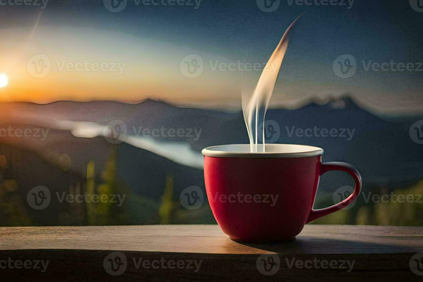 a red cup of coffee on a table with a view of mountains. AI-Generated photo