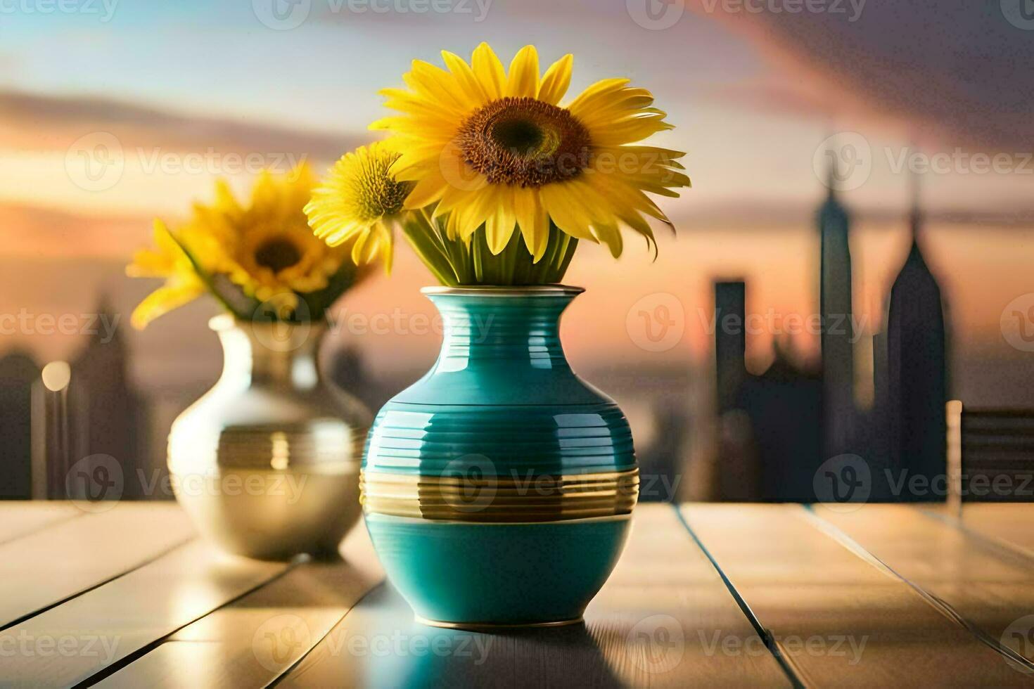 sunflowers in vases on a table with cityscape in the background. AI-Generated photo