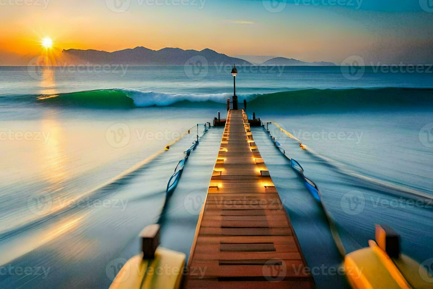 a long exposure photo of a pier in the ocean. AI-Generated