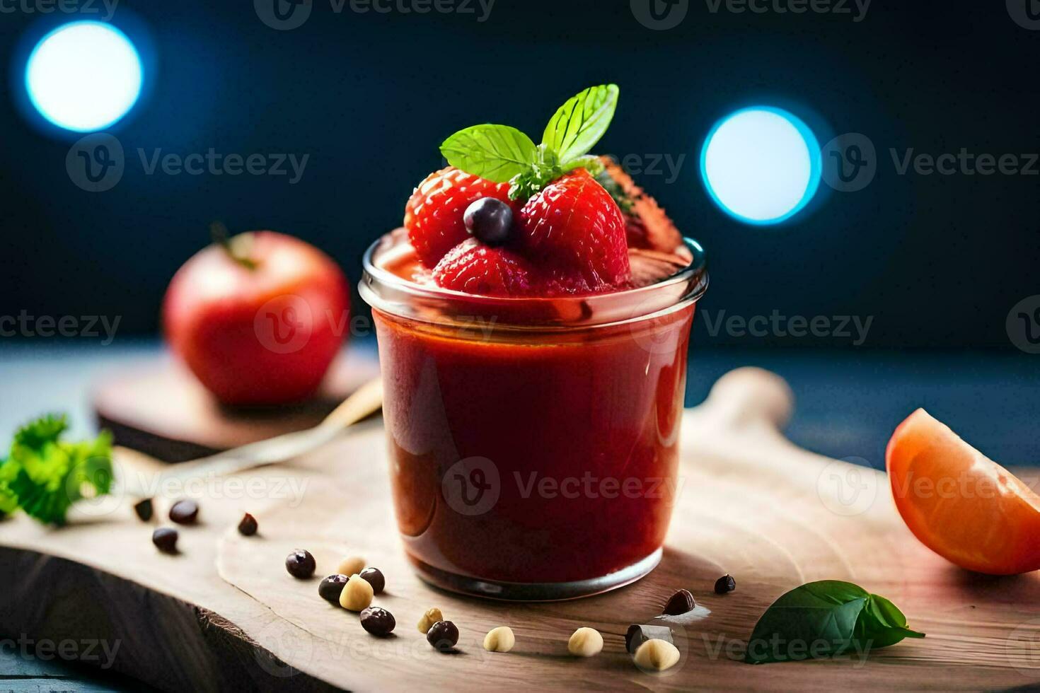 a jar of tomato sauce with strawberries and mint. AI-Generated photo