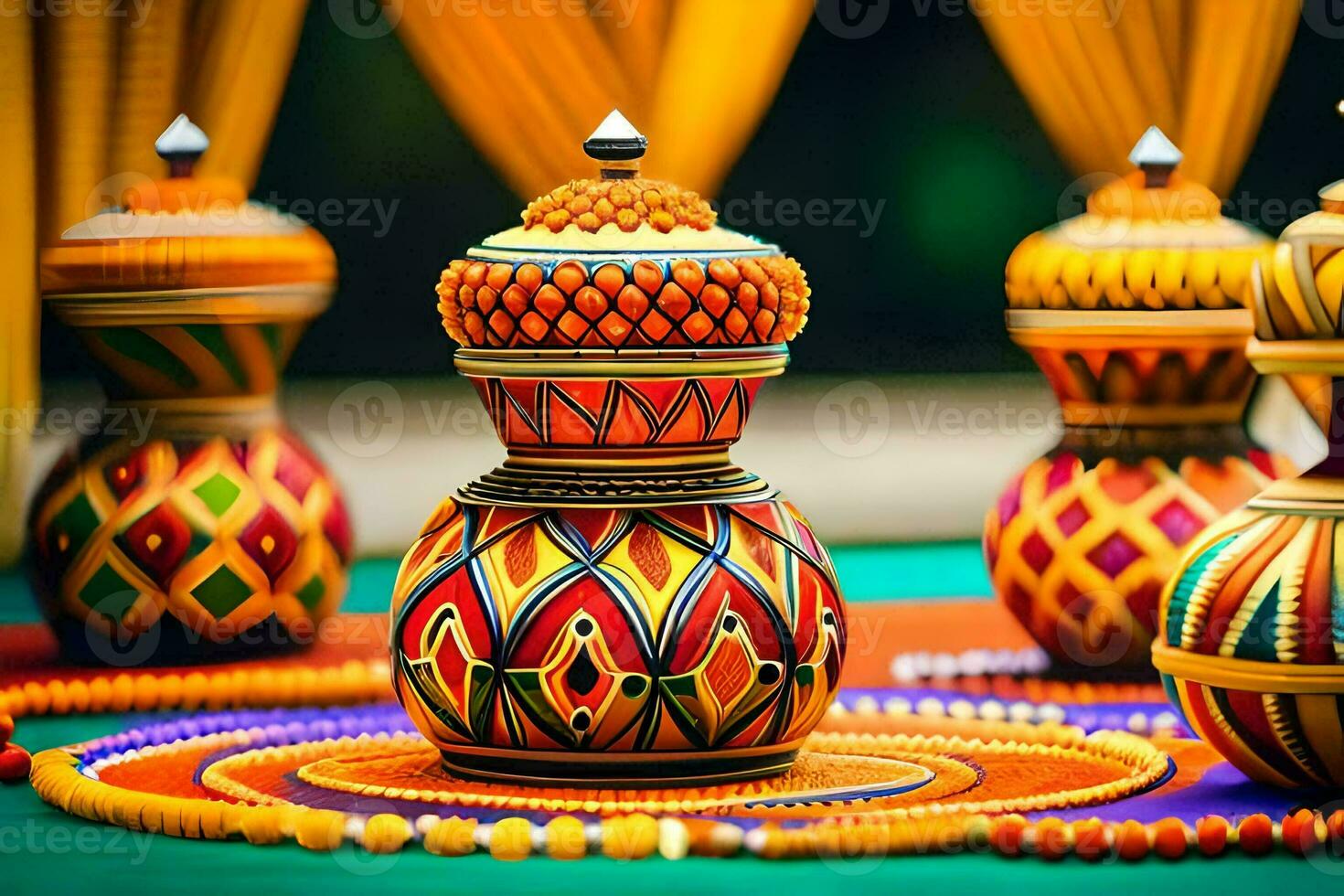 colorful vases with beaded decorations on a table. AI-Generated photo