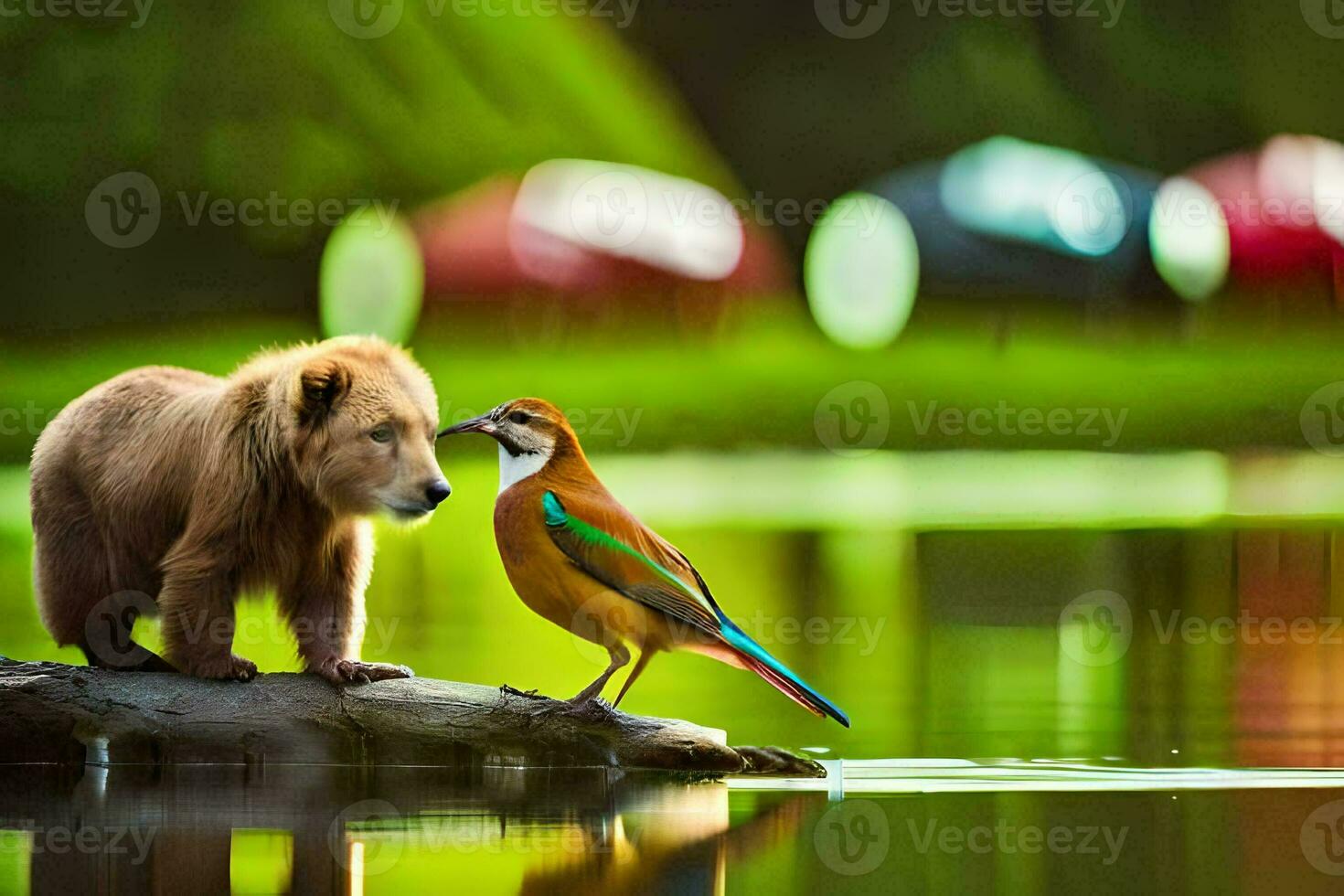 a brown bear and a bird standing on a log. AI-Generated photo