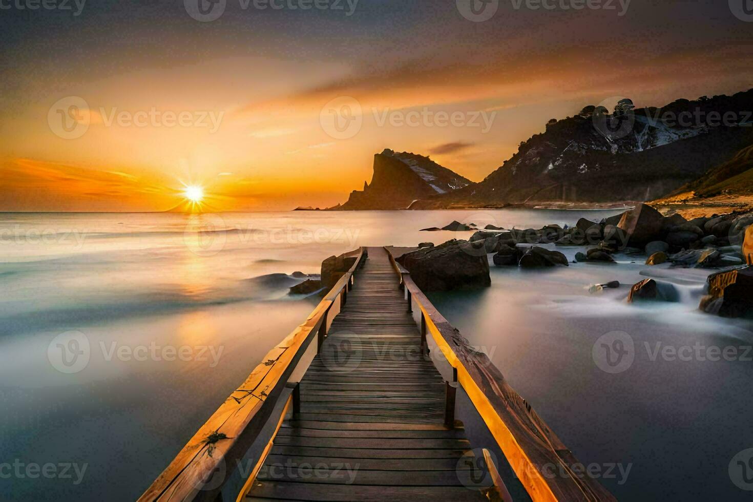 a wooden pier leads to the ocean at sunset. AI-Generated photo