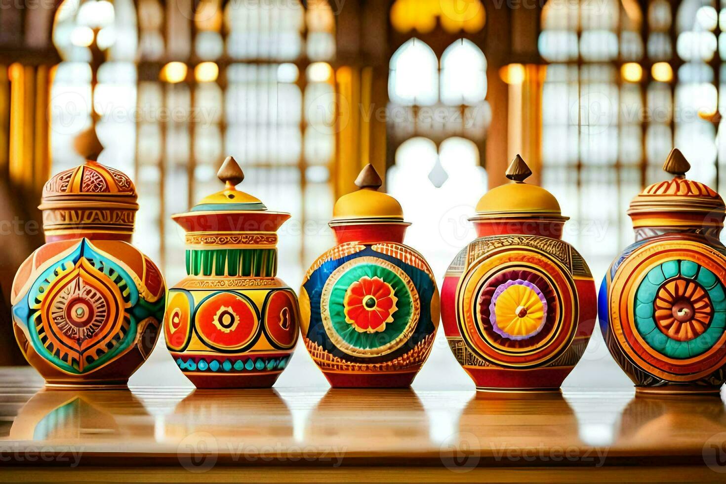 five colorful vases are lined up on a table. AI-Generated photo