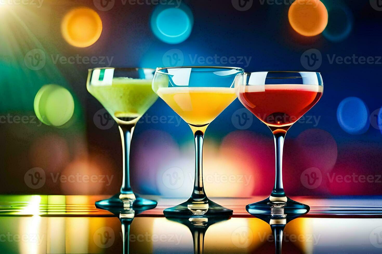 three glasses of different colored drinks on a table. AI-Generated photo