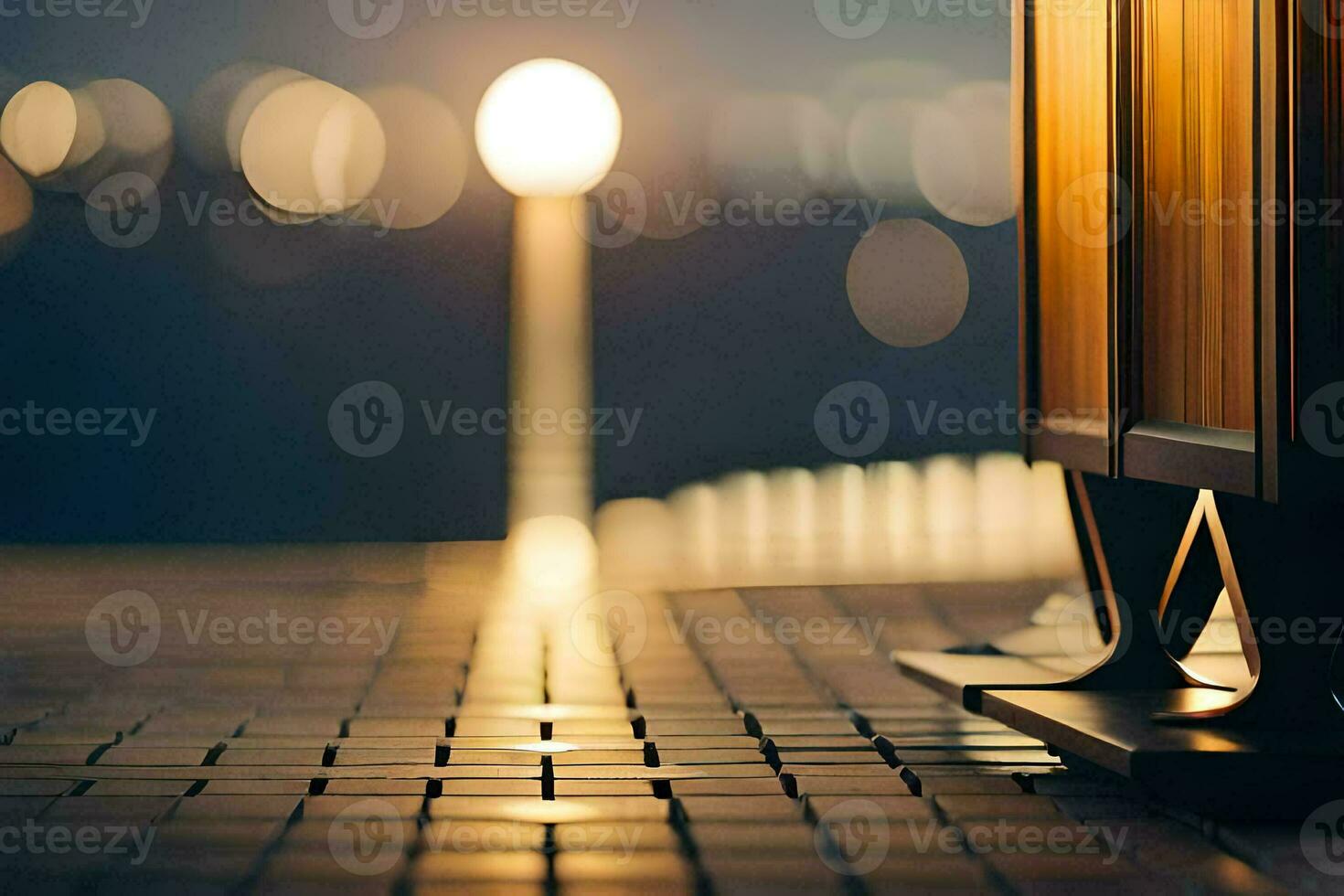 a lamp is sitting on a brick walkway. AI-Generated photo