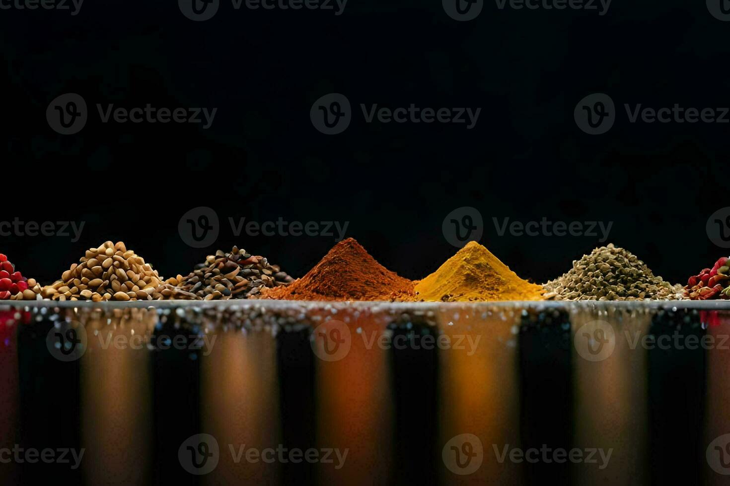 a row of spices on a black background. AI-Generated photo