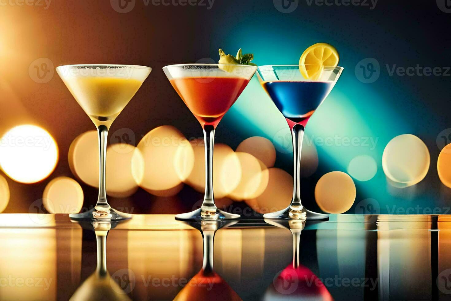 three different colored cocktails on a table. AI-Generated photo