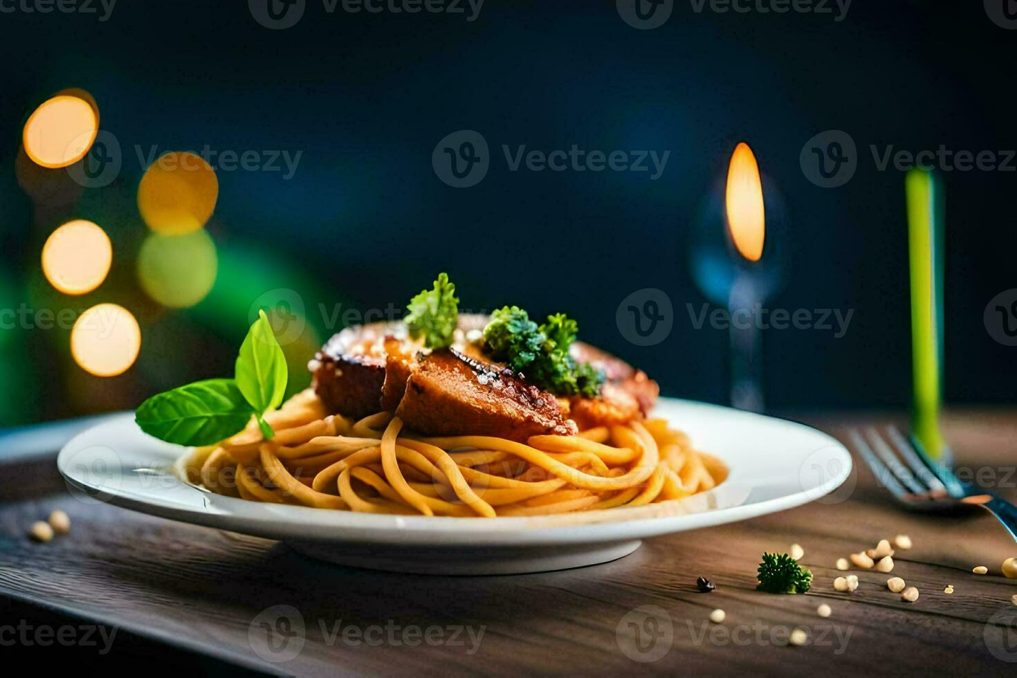 spaghetti with meat and herbs on a plate. AI-Generated photo