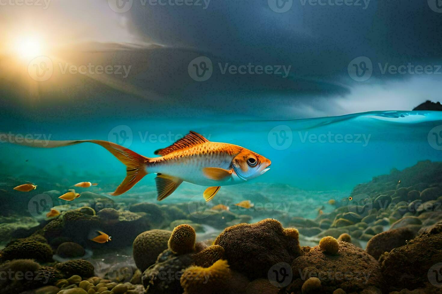 a fish swimming in the ocean with coral reefs. AI-Generated photo