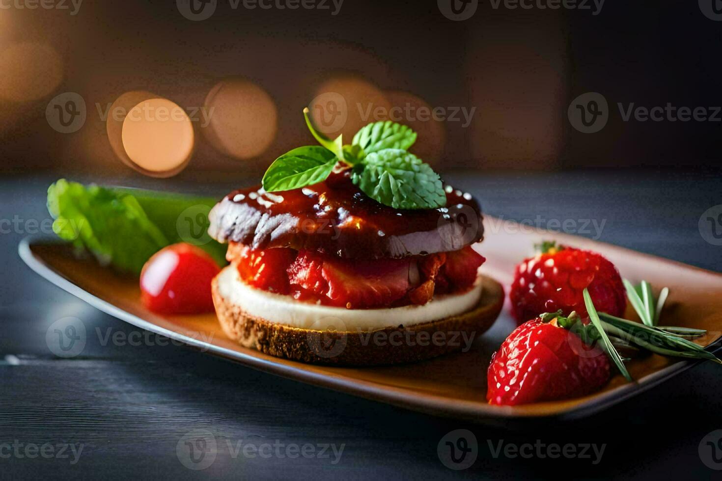 a strawberry dessert with chocolate sauce and fresh strawberries. AI-Generated photo