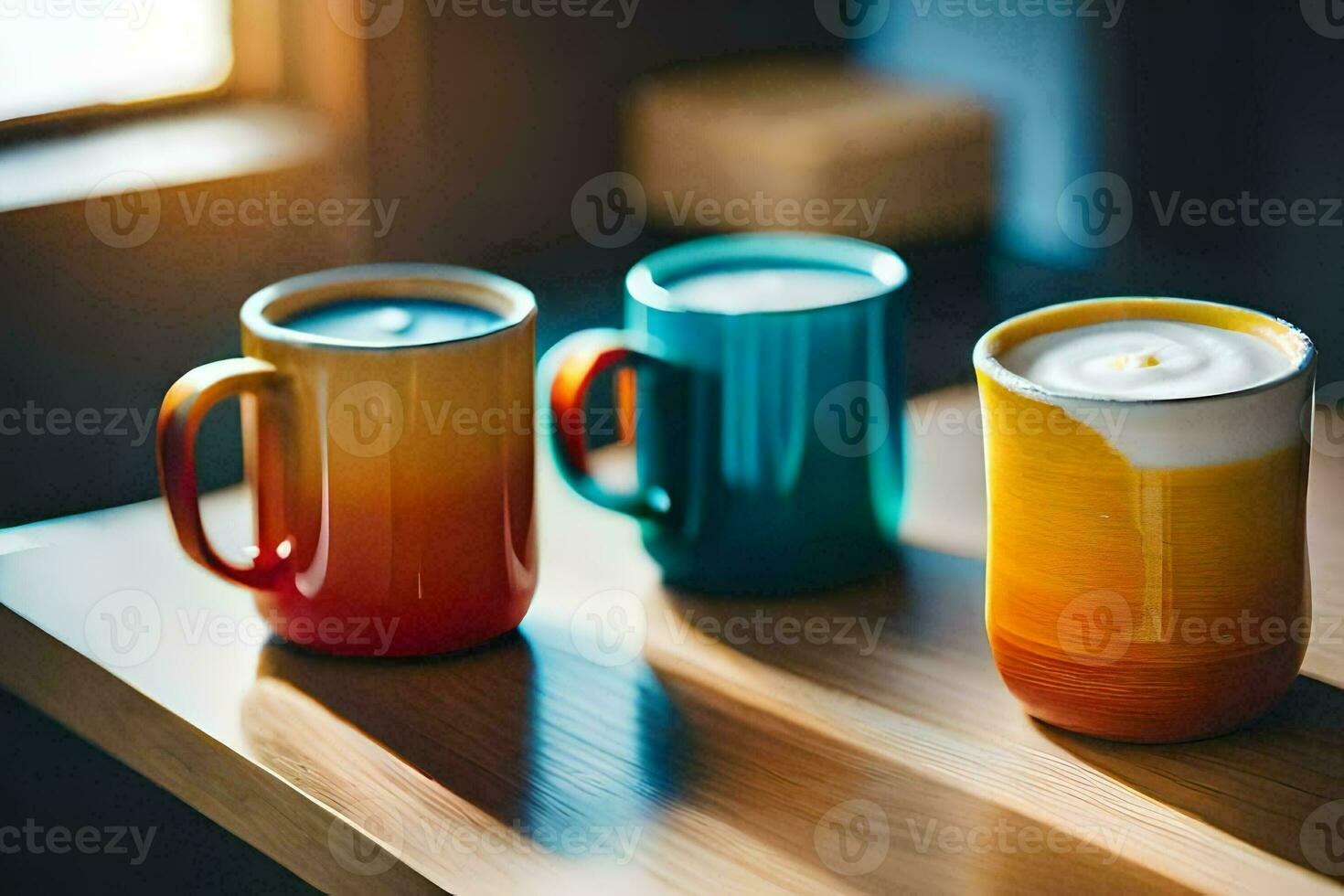 three colorful coffee mugs sit on a table. AI-Generated photo
