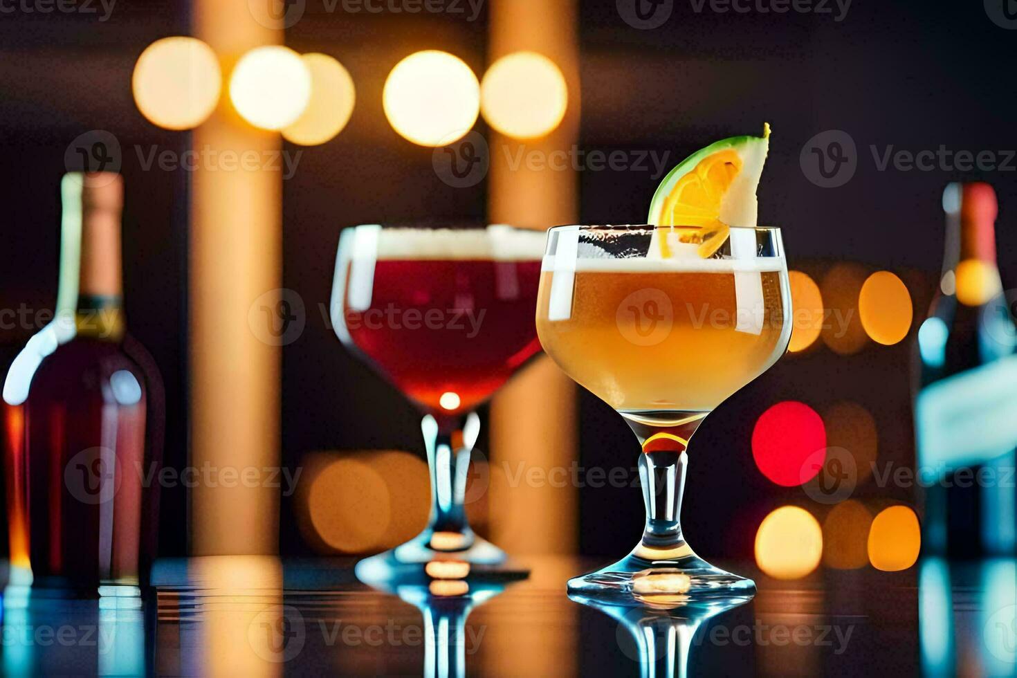 two glasses of alcohol sit on a table. AI-Generated photo