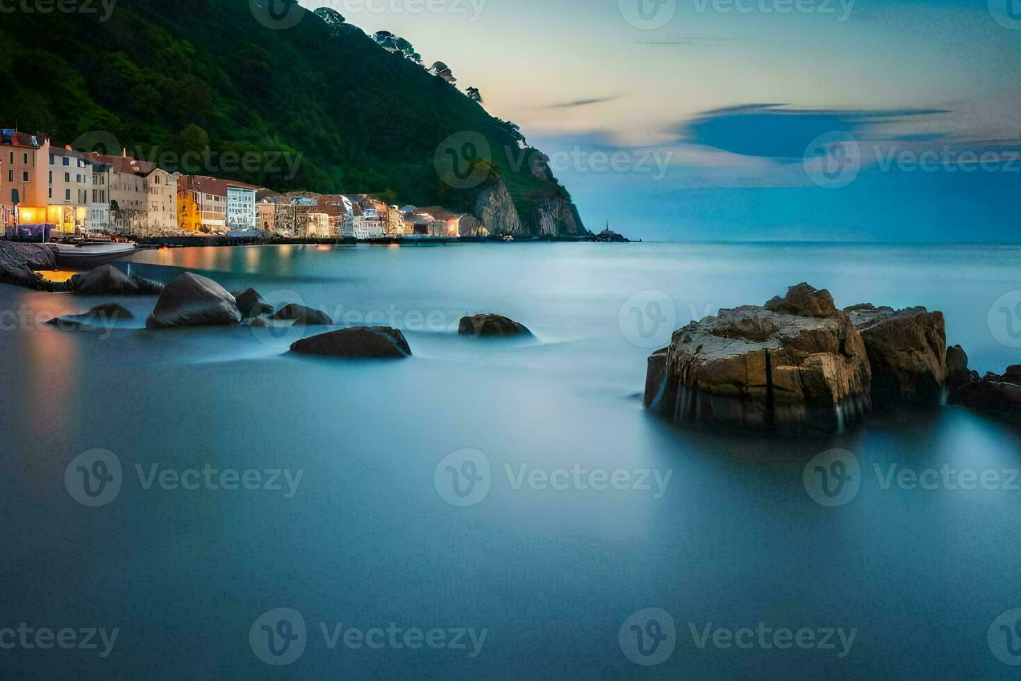 a long exposure photograph of a town on the coast. AI-Generated photo