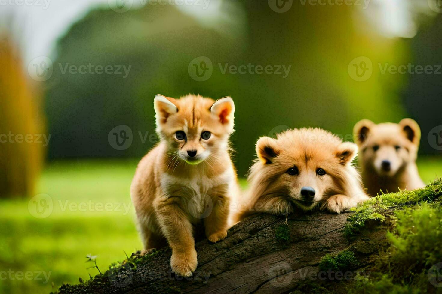 three puppies sitting on a log in the grass. AI-Generated photo